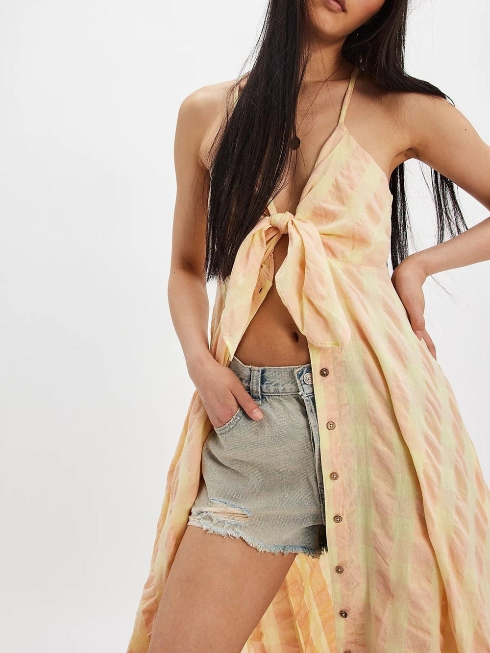 Free People Peach and Yellow Gingham Tie-Front Maxi Dress - Picture 4 of 12